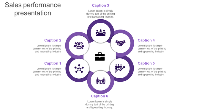 Sales performance template displaying six icons in a purple-themed ring around a icon, each paired with captions areas.