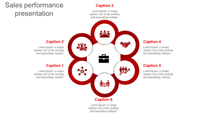 Sales performance infographic with six red bordered icons in a circular layout, connected to captions.