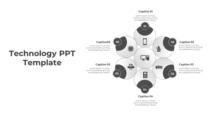 Hexagonal tech infographic with six numbered circles, each displaying a related icon and linked to captions areas.