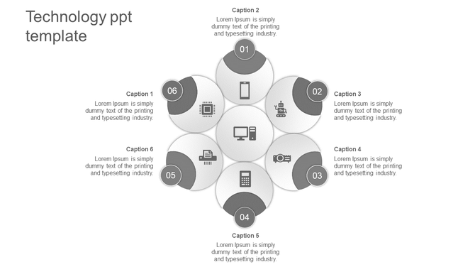 Hexagonal diagram with six outer icons representing technology concepts, linked to captions around a central hub.