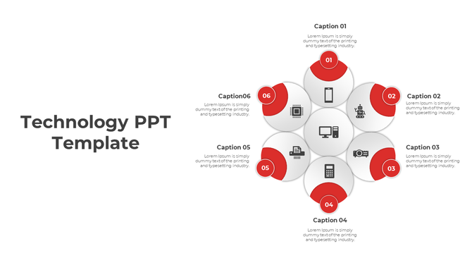 Hexagonal diagram with six outer technology icons, each featuring a red numbered label and linked to captions areas.