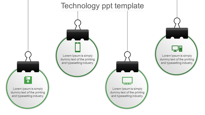 Technology themed diagram with four suspended circles, each containing a green icon and text, attached by black clips.