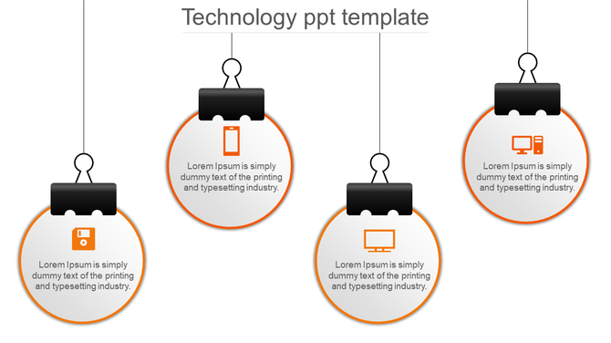 Technology PowerPoint template with four hanging orange circular sections, each featuring an icon and caption.