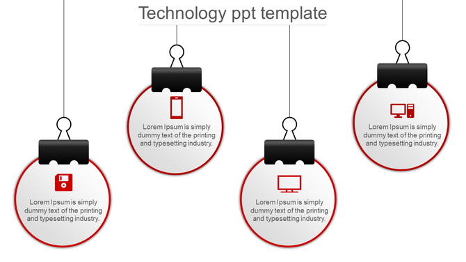 Technology themed slide with four hanging red circular elements, each with icons and descriptive text.
