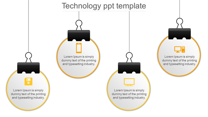 Four hanging circular icons with yellow tech symbols, connected by black clips, each with placeholder text.