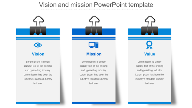 Vision and mission PowerPoint template with three blue sections Vision, Mission, and Value, each containing an icon.