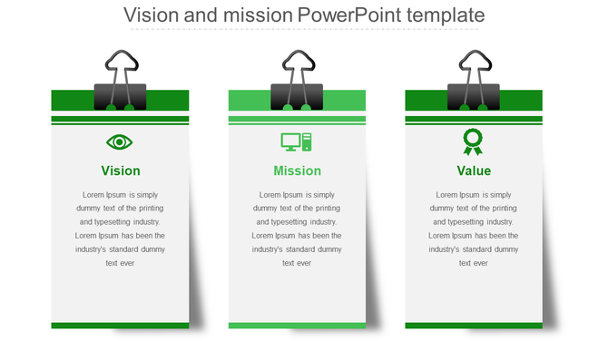 Three suspended paper style elements with green icons and text, representing vision, mission, and value concepts.