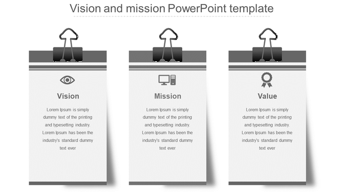 Slide with three hanging notepad style cards in gray, displaying vision and mission  details.