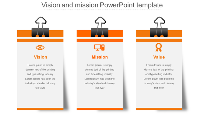 Vision and mission PowerPoint template with three orange sections Vision, Mission, and Value, each containing an icon.