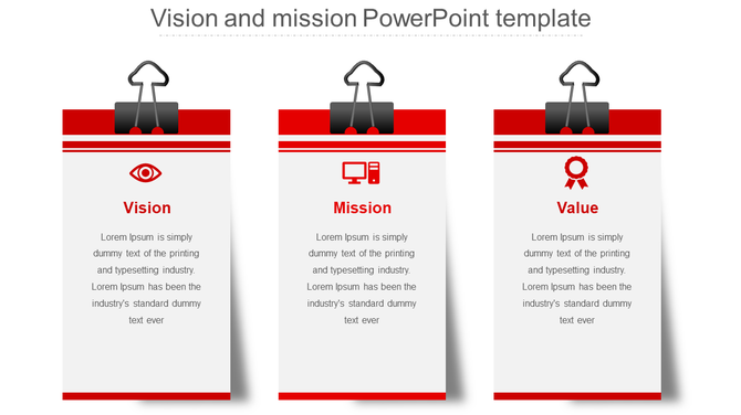 Three hanging sheets with red accents, black clips, and icons for Vision, Mission, and Value, with placeholder text.