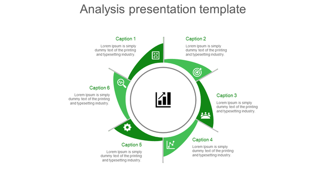 Analysis template with a circular diagram, six green arrows pointing outward, and a bar chart icon in the center.