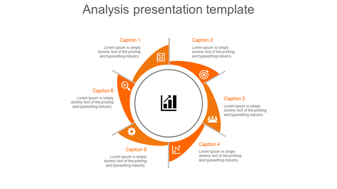 Analysis presentation template with six sections arranged in an orange circle, each featuring an icon and caption.