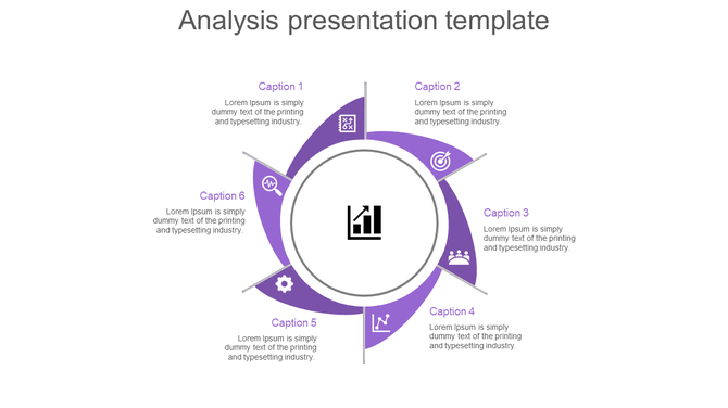 Circular analysis diagram featuring six purple sections with icons like a target and gear, arranged around a black bar chart.