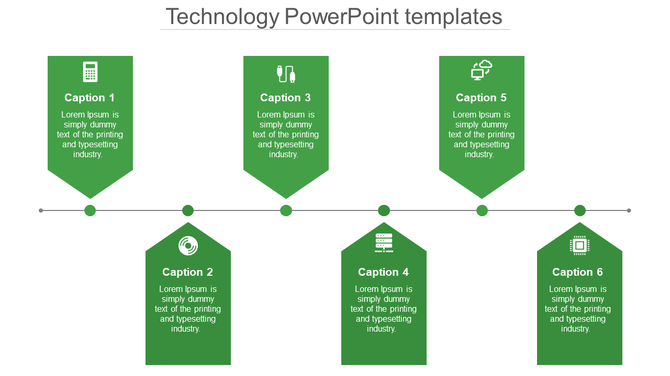 Technology template featuring a timeline with six green pointers, each labeled with a caption and technology related icon.