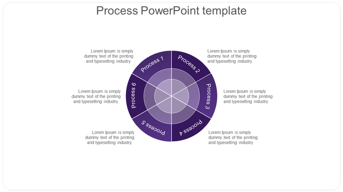Process PowerPoint template showing a purple circular flow with six process steps and captions.