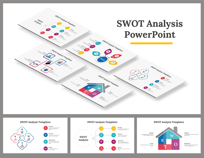 Slide deck with multiple SWOT analysis templates featuring colorful designs and visually distinct elements.