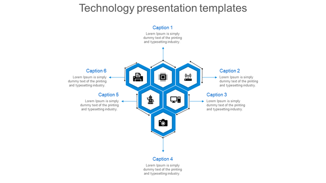 Honeycomb-style infographic featuring technology-related icons within hexagons, connected to surrounding captions areas.