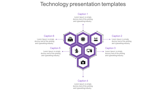 Hexagonal purple infographic with six icons representing technology, linked to captions with arrows on a white background.