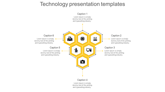 Six section hexagonal grid with black technology icons inside yellow-bordered cells, connected to caption areas.