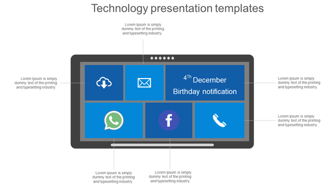 Technology slide showing a tablet screen divided into six tiles with icons for cloud and a birthday notification.