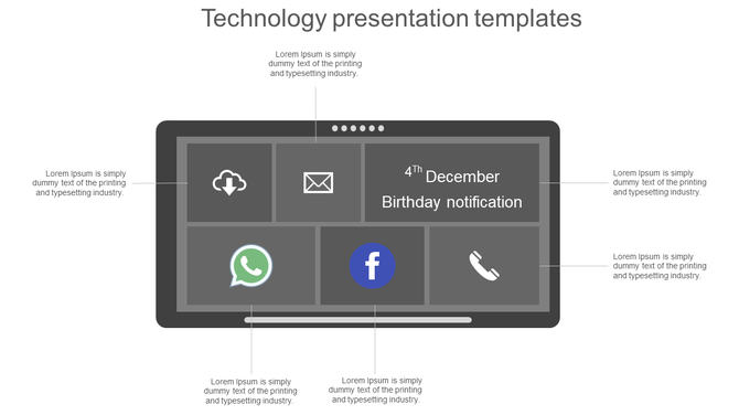 Technology PPT slide showing a device screen with app icons for WhatsApp, Facebook, and email notifications on a grey theme.