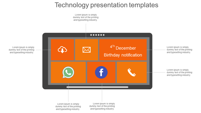  A grid of orange tiles containing icons for technology digital communication tools and a birthday reminder notification.