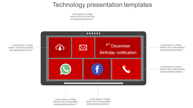 Technology PPT slide showing a device screen with app icons for WhatsApp, Facebook, and email notifications on a red theme.