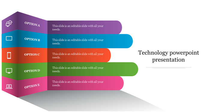 Layered technology slide with five colored options in purple, blue, red, green, and pink, each with icons and text.