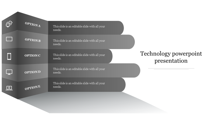 Technology infographic with five grayscale options arranged in a 3D design, each containing a icon and aligned text area.