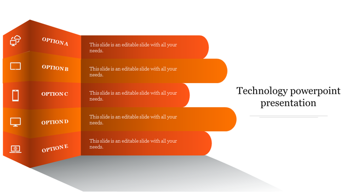 Orange gradient 3D infographic with five layered options extending horizontally in rounded rectangles.