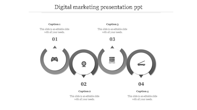 Digital marketing timeline with gray semi circle indicators connected in sequence, each containing an icon and a caption.