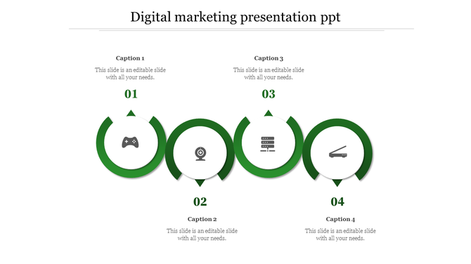 Digital marketing PowerPoint template with four green circles, each featuring an icon and a caption.