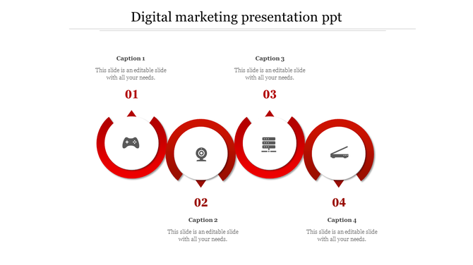 Digital marketing timeline with four red semi circle indicators connected in sequence, each containing an icon and a caption.