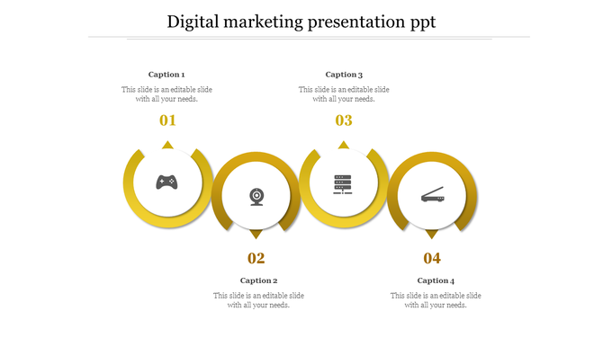 PowerPoint slide showing four key elements of digital marketing, with icons for gaming, webcam, servers, and projectors.
