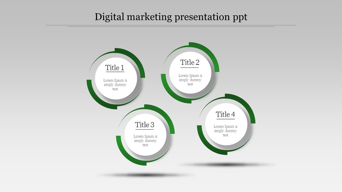 Digital marketing slide featuring four white shapes with partial green arcs, each labeled with a title and text.