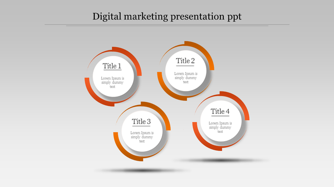 Digital marketing slide featuring four circular designs with orange and white color schemes and shadow effects.