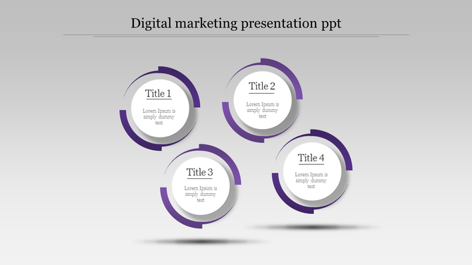 Digital marketing PowerPoint template featuring four purple circular sections, each with a title and description.
