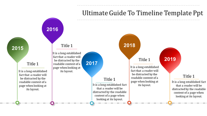 Colorful timeline template featuring balloon shaped icons for each year from 2015 to 2019 with space for captions.