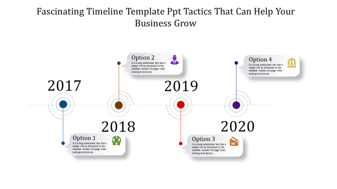 Timeline infographic from 2017 to 2020 with four circular nodes, connected events, and labeled options.