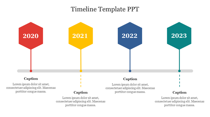 Timeline template featuring four hexagonal markers for years 2020 to 2023 on a horizontal line with captions below.