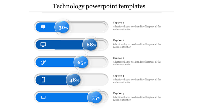 Modern tech infographic with five glossy progress bars featuring icons, percentage indicators, and aligned text placeholders.