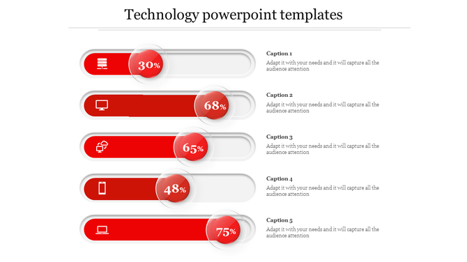 Technology progress bars infographic with five horizontal red bars, each displaying a percentage and an icon.