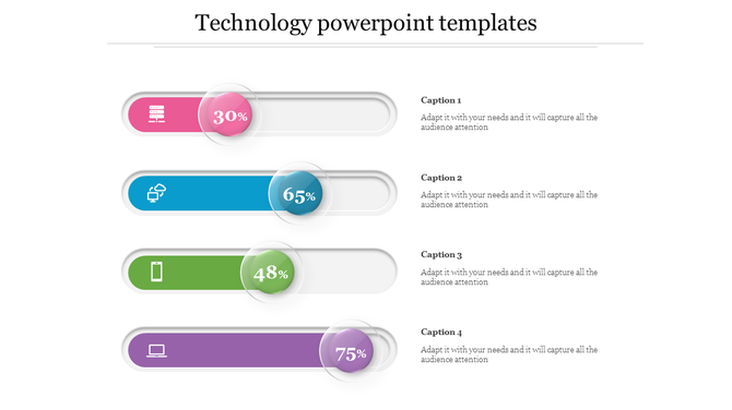 Technology slide with four horizontal progress bars in pink, blue, green, and purple, each with percentage values.