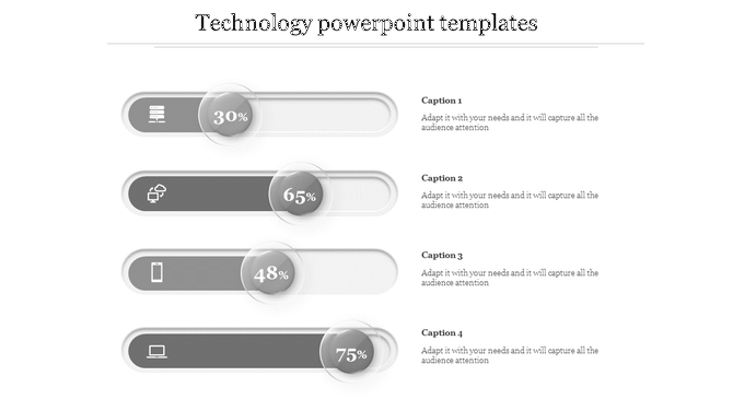 Grayscale slide with four rounded progress bars, icons, and percentage values in circles over a white background.