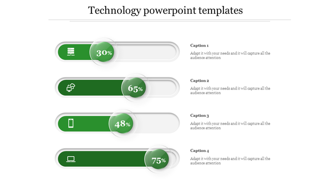 Slide displaying four progress indicators with different completion levels,  with captions and technology related icons.