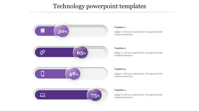 Technology-themed layout showing four progress indicators in purple with captions and related icons beside each.