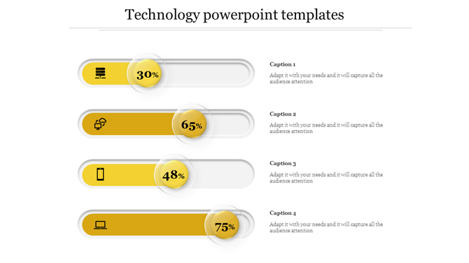 Technology themed infographic with four gradient progress bars, each displaying a different percentage value and an icon.