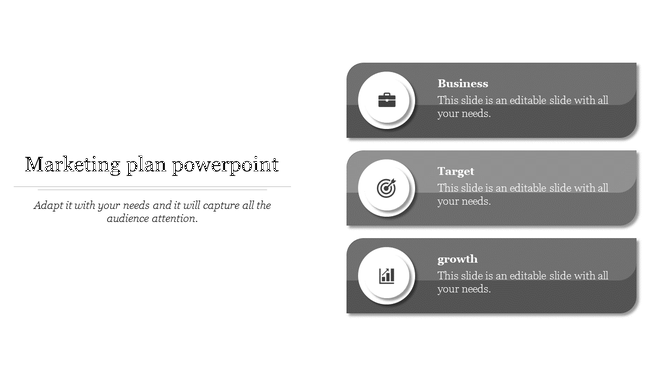 Dark themed marketing plan slide with three gray panels, each highlighting a key concept with an icon and text.