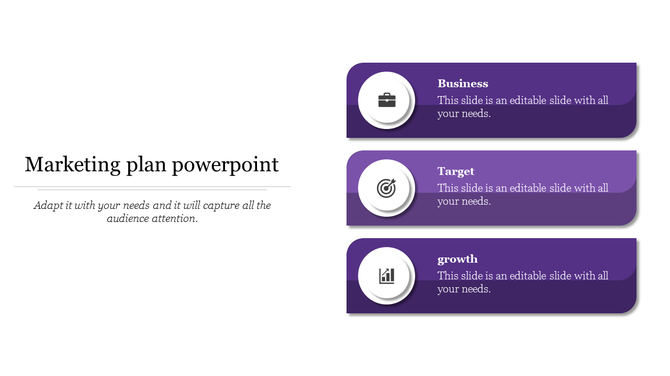 Three purple rounded rectangles on the right with icons for business, target, and growth on a white background.