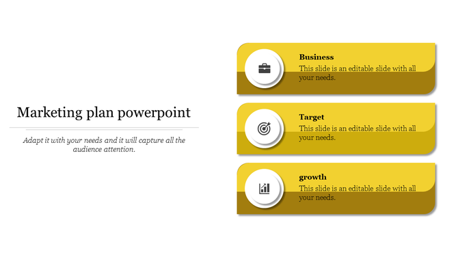 Marketing slide featuring three yellow bars with icons inside circular white elements, representing Business and Growth.
